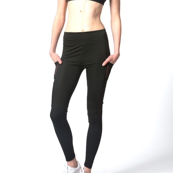 Women's Active Wear Black Mesh Slim Stretch Yoga Legging With Two Side Pockets - Picture 5 of 5